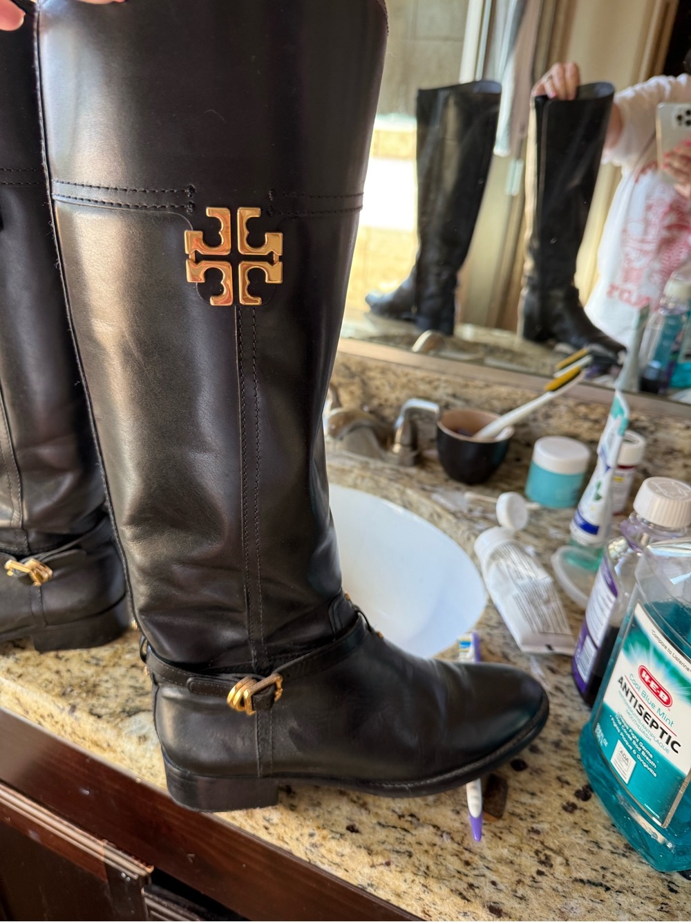 Tory Burch Black Leather Riding Boots with Gold Logo